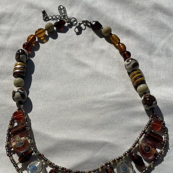 Vintage Amber & Glass Faceted Bead and Porcelain Flower Boho Necklace 21 inches - Picture 13 of 15